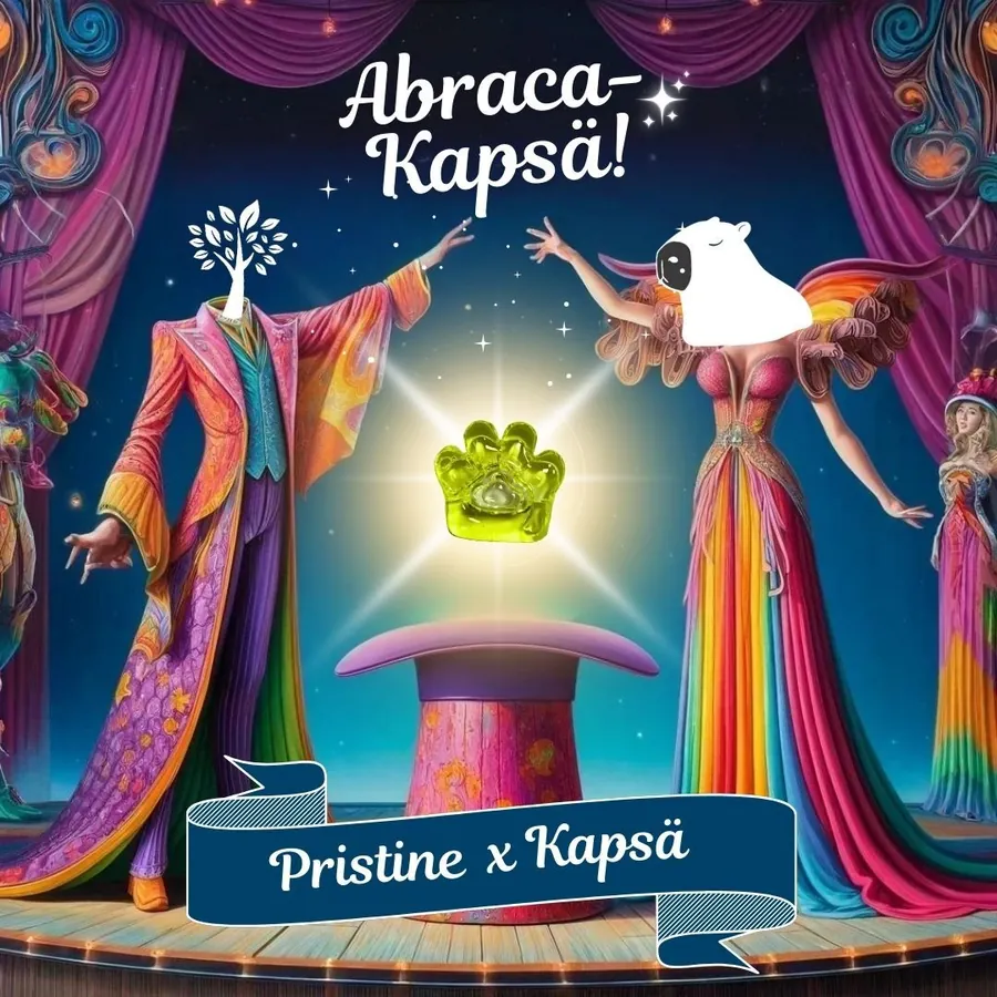 Pristine × Kapsä collaboration artwork: two magicians conjuring a glowing laundry pod